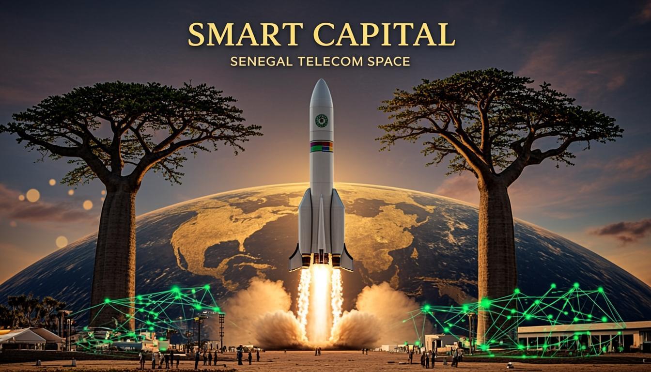 Spaceport futuriste du Sénégal au coucher du soleil