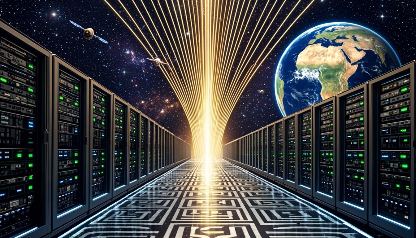 Data center spatial Smartest Capital avec verrière cosmique et serveurs dorés